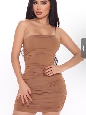 Fashion Nova Brown Ruched Mini Dress – One Shoulder Bodycon